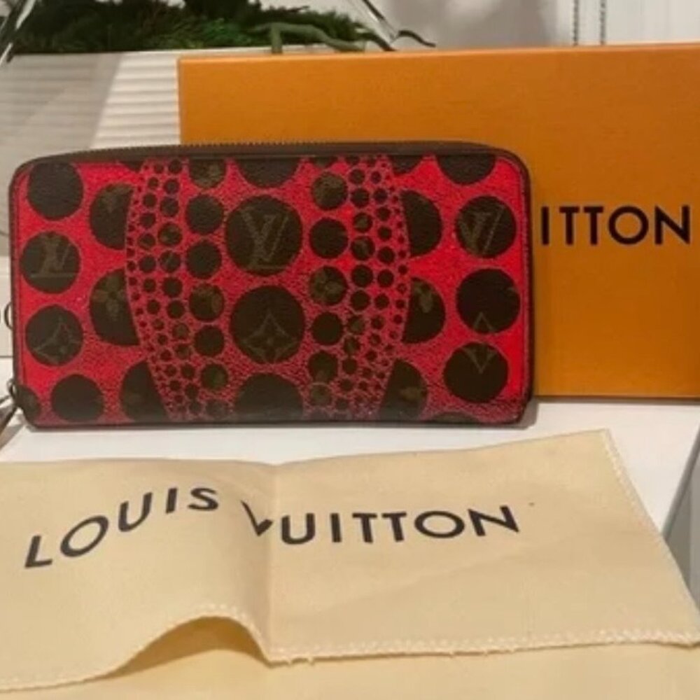 Louis Vuitton Yayoi Kusama Pumpkin Dot Red Brown Monogram Zippy Wallet Dustbag